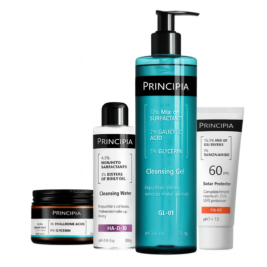 Principia Complete Skincare Kit – Cleansing Gel + Cleansing Water + Hydration Cream + SPF 60 Sunscreen for Oily & Sensitive Skin